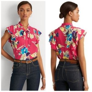 LAUREN RALPH LAUREN Georgette Floral Flutter Sleeve Tie Neck Blouse